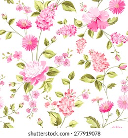 Spring flowers seamless pattern on the white background. Vector illustration.