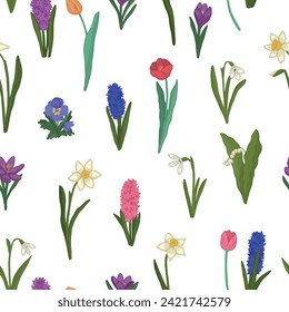 Spring flowers seamless pattern. Ornament of snowdrops, tulips, narcissus, pansies, crocus, hyacinth, lilies of the valley. Cartoon vector design.