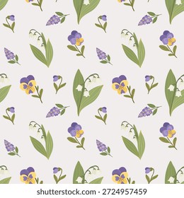 Patrón sin fisuras de flores de primavera con bragas y lirio del valle, fondo floral, Ilustración vectorial dibujada a mano