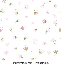Spring Flowers Seamless Pattern Pink Flower Heads on White Background, Cute Floral Illustration Pattern, Seamless Pattern Flower Design, Pink Flower Heads Pattern