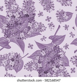 Spring flowers. Seamless pattern with purple lilac. Vector illustration. 