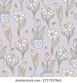 Flores da primavera Padrão Sem Costura. Repetindo Tulipa de Pastel na Xícara e Daffodils com abelhas no fundo delicadamente violeta. Modelo Quadrado Botânico Doodle. Ilustração vetorial. Não é IA 