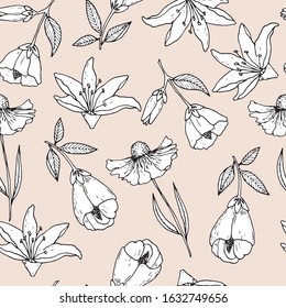 Spring flowers seamless pattern. Sketch style. Hand drawn flowers on gentle beige background. Black lines.