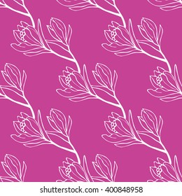 Spring flowers seamless pattern. Sketch style outline flowers. Vector illustration.