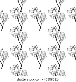 Spring flowers seamless pattern. Sketch style outline flowers. Vector illustration.