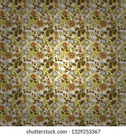 Spring flowers seamless pattern. Vector floral illustration and floral seamless texture. Flower pattern for printing or fabric. Small floral pattern in white, yellow and brown colors.