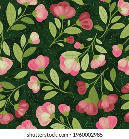 Spring flowers - Seamless pattern. Vector Background with Burgundy flowers in hand drawn style. Loop pattern for fabric, textile, wallpaper, poster, web site, card, gift wrapping paper 