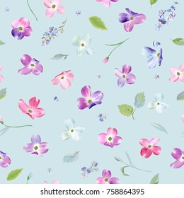 Spring Flowers Seamless Pattern. Watercolor Floral Background for Wedding Invitation, Fabric, Wallpaper, Print. Botanical Hand Drawn Texture. Vector illustration