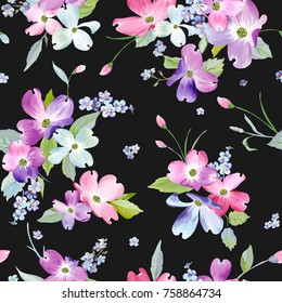 Spring Flowers Seamless Pattern. Watercolor Floral Background for Wedding Invitation, Fabric, Wallpaper, Textile. Botanical Hand Drawn Texture. Vector illustration