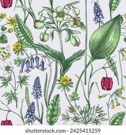 Spring flowers seamless pattern. Wildflowers background. Forest plants, greenery, wild flowers sketches. Hand drawn vector illustration. NOT AI generated