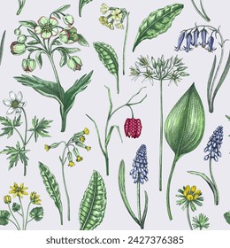 Spring flowers seamless pattern. Wildflowers background. Forest plant, greenery, wild flowers sketches. Hand drawn vector illustration. NOT AI generated