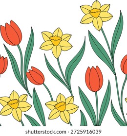 Flores de primavera padrão de azulejos sem costura com tulipas vibrantes e narcisos para interiores alegres conceito como tulipas brilhantes e narcisos dispostos sem costura em um padrão de azulejos animados para decoração de primavera energética em Photo Stock Concept e espaço vazio no lado esquerdo, sem texto —ar 7:2 —azulejo