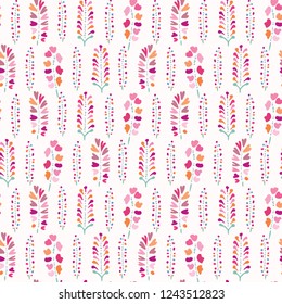 Spring Flowers Seamless Vector Pattern. Soft Pastel Colors. Hand Drawn Leaf Bud Blooms on White Background. Drawn Stylized Blossom Stems for Pretty  Garden Stationery, Floral Packaging, Girl Fashion.