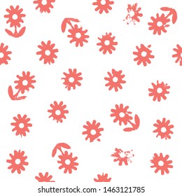 Spring flowers seamless vector pattern. Red and white hand drawn grunge floral elements. Cute retro backdrop. Silhouettes of flowers for design fabric, paper, wrapping.