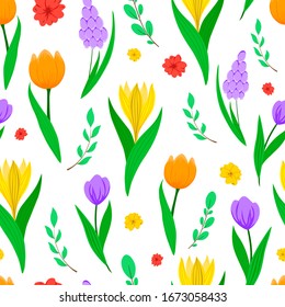 Spring flowers seamless vector pattern. Tulip, muscari, crocus, bright pure colors. For the design of textiles, wrapping paper, gifts, prints on fabric.