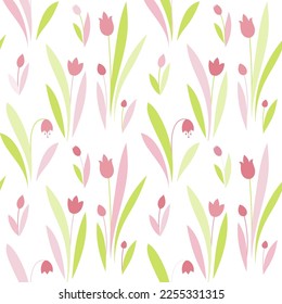 Spring flowers seamless vector pattern. Cute small flowers and leaves background, girly textile print