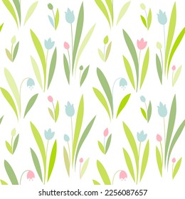 Spring flowers seamless vector pattern. Cute small flowers and leaves background, girly textile print