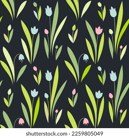 Spring flowers seamless vector pattern. Cute small flowers and leaves background, girly textile print
