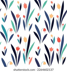 Spring flowers seamless vector pattern. Cute small flowers and leaves background, girly textile print