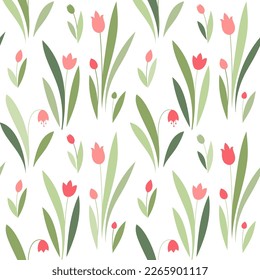 Spring flowers seamless vector pattern. Cute small flowers and leaves background, girly textile print