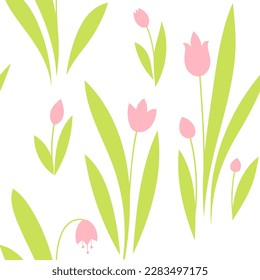 Spring flowers seamless vector pattern. Cute small flowers and leaves background, girly textile print