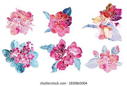 Spring flowers set with alcohol ink texture on background, hand drawn vector watercolor illustration