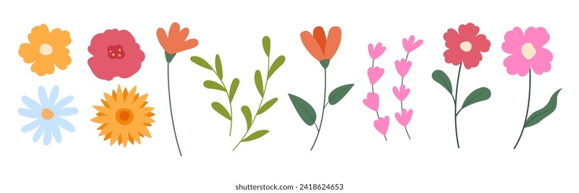 Spring flowers set, blooming flowers, isolated on white background. Floral and leaves elements collection.