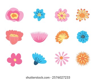 Spring flowers set. Spring collection of flowers, abstract shapes, fresh and blooming elements isolated on white background. Vector hand drawn in flat style