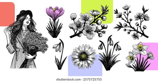 spring flowers set collection hand drawn sketch daisy snowdrop flower cherry blossom sakura tree branch woman with bouquet detailed black ink illustration isolated on white background