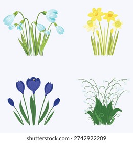 Spring flowers set, first flowers, spring bouquets, crocuses, snowdrops, lilies of the valley, daffodils