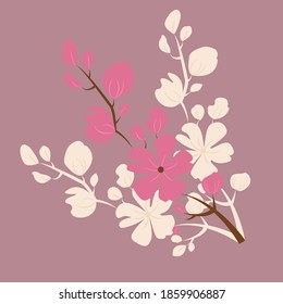 Spring flowers set, greeting card with blossom pink and beige flowers on light background