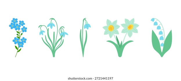 Conjunto de flores de primavera aisladas sobre un fondo blanco. Lily del valle, narciso, snowdrops y no me olvides en un estilo plano.