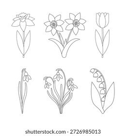 Conjunto de flores de primavera aisladas sobre un fondo blanco. Dibujo de contorno. Icono lineal, Ilustración vectorial, página para colorear. Flor de primavera temprana, tema de Pascua.