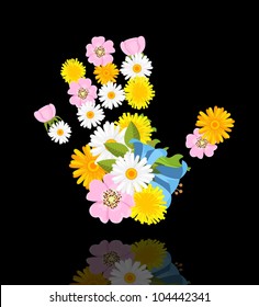 spring flowers in shape of hand on black background with reflection - vector illustration