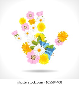 spring flowers in shape of hand on white background - vector illustration