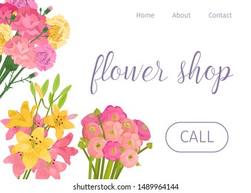 Spring flowers shop vector illustration. Design for florists store webpage with tender pink and yellow floral decoration. Bouquets isolated on white webpage.