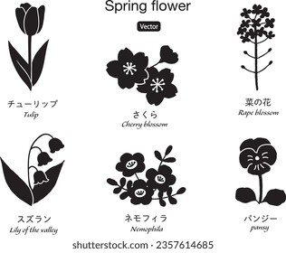 Spring flowers silhouette vector illustration icon set.
The name of each flower is written in Japanese.