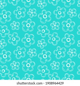 Spring flowers. Simple design on a turquoise background. Seamless vector pattern