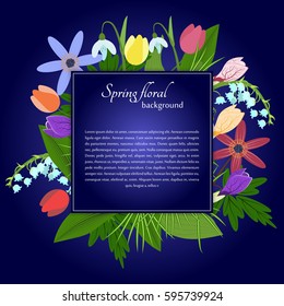 Spring flowers and simple text. Tulips, lilies of the valley, crocuses. For use as logos on cards, in printing, posters, invitations, web design and other purposes.