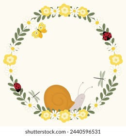 spring flowers and snail ladybird butterfly dragonfly wreath frame border hand drawn clipart vector illustration for invitation greeting birthday party celebration wedding card poster banner backgroud