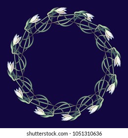Spring flowers. Snowdrop flowers interlaced into an intricate circular ornament on a dark blue background. Art Nouveau style drawing. Mandala tattoo design. EPS10 vector illustration