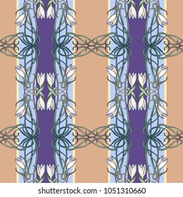 Spring flowers. Snowdrop flowers interlaced into an intricate ornament on avertical striped background. Art Nouveau style drawing. Seamless pattern with regular distribution of elements. EPS10 vector