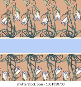 Spring flowers. Snowdrop flowers interlaced into an intricate ornament on a horizontal striped background. Art Nouveau style drawing. Seamless pattern with regular distribution of elements. EPS10