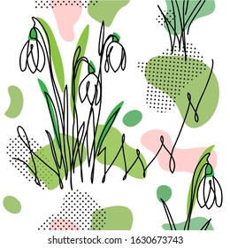 Spring  flowers snowdrops  modern  vector pattern in memphis style. Snowdrops flowers background, memphis textile pattern, wrapping, cloth, print.