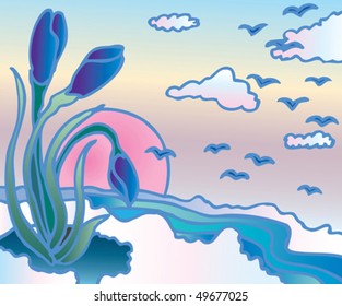 Spring flowers are in the snow.It`s early spring. It`s morning. The birds fly in the sky.