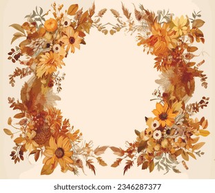 Spring flowers square vector frame. Plants, branches, leaves, and flowers on a beige background. Spring flowers. Floral print perfect for invitation, postcard, layout.