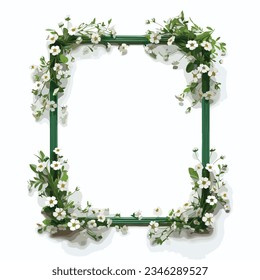 Spring flowers square vector frame. Plants, branches, leaves, and flowers on a white background. Spring flowers. Floral print perfect for invitation, postcard, layout.