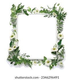 Spring flowers square vector frame. Plants, branches, leaves, and flowers on a white background. Spring flowers. Floral print perfect for invitation, postcard, layout.