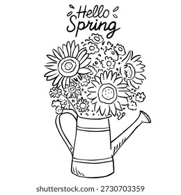 Spring Flowers in Teapot with Hello Spring Quote Cozy Seasonal Illustration
