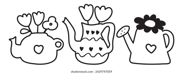 Spring flowers in teapots and watering can. Outline isolated icons. Vector illustrations on white background.